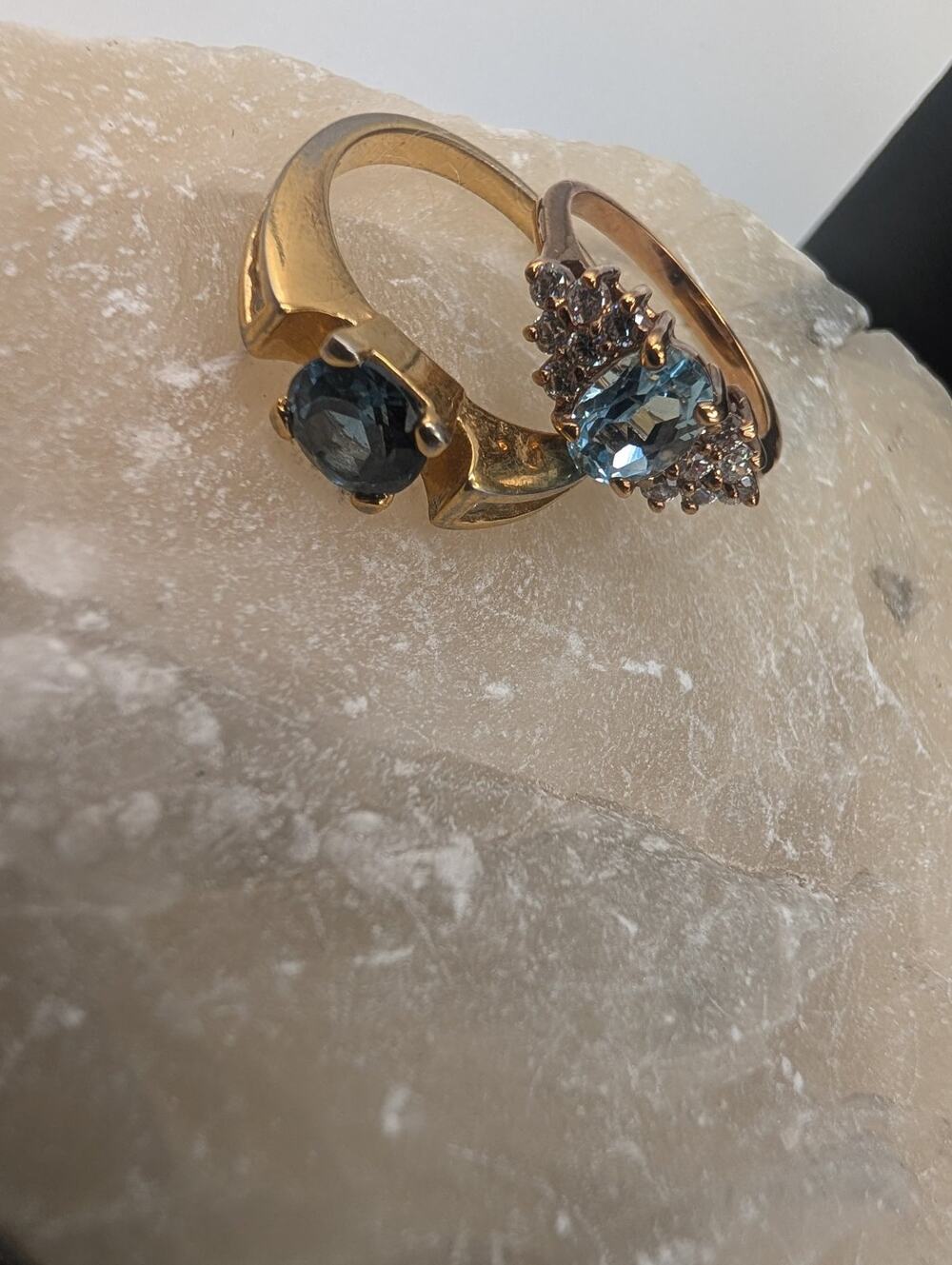 Pair of Gold Tone Rings with Blue Topaz & Accent Stones - Size 7.5 & 8.5 PICS!